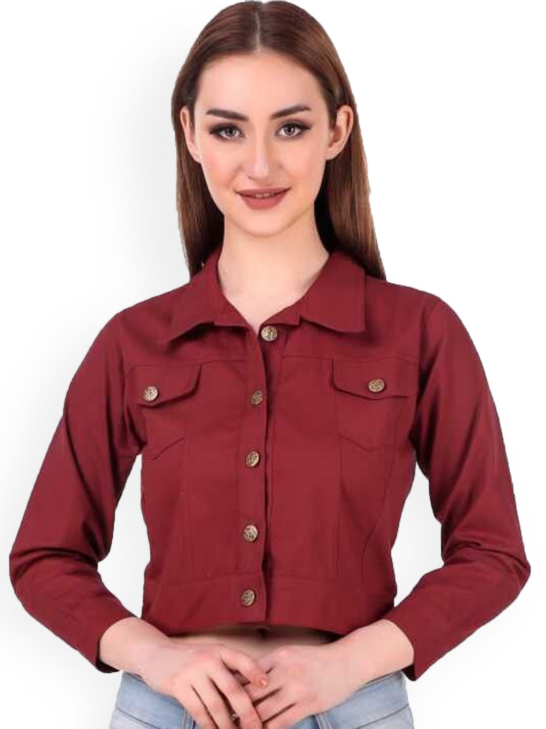 

KASHIAN Women Spread Collar Solid Casual Denim Jacket, Maroon