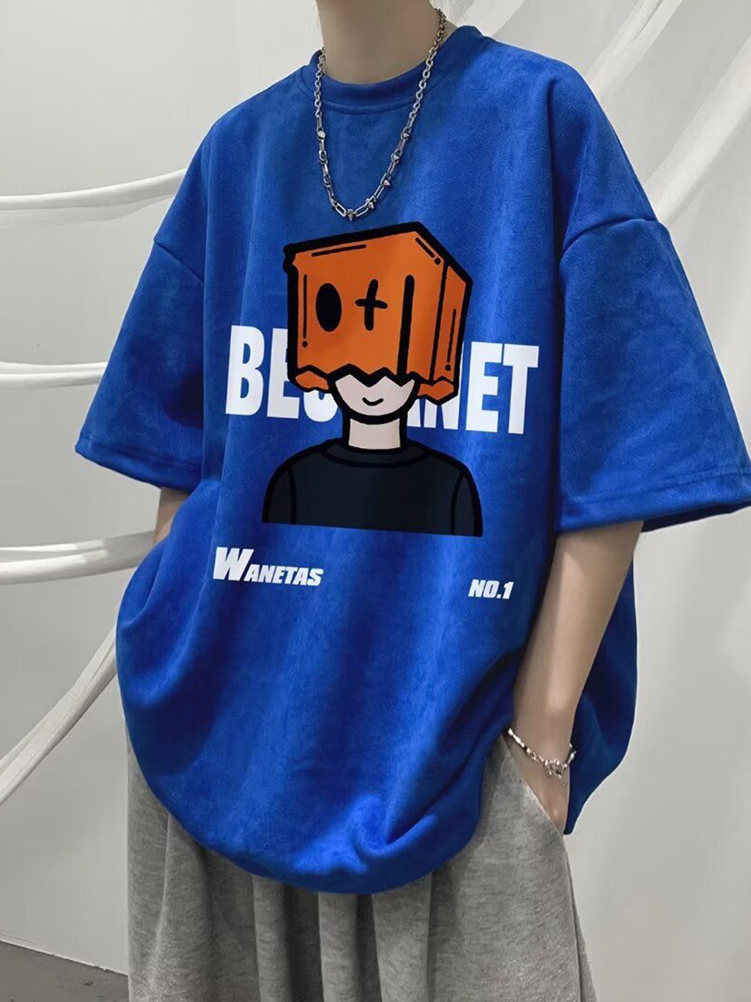 

HERE&NOW Men Graphic Printed Round Neck Cotton Oversized T-shirt, Blue