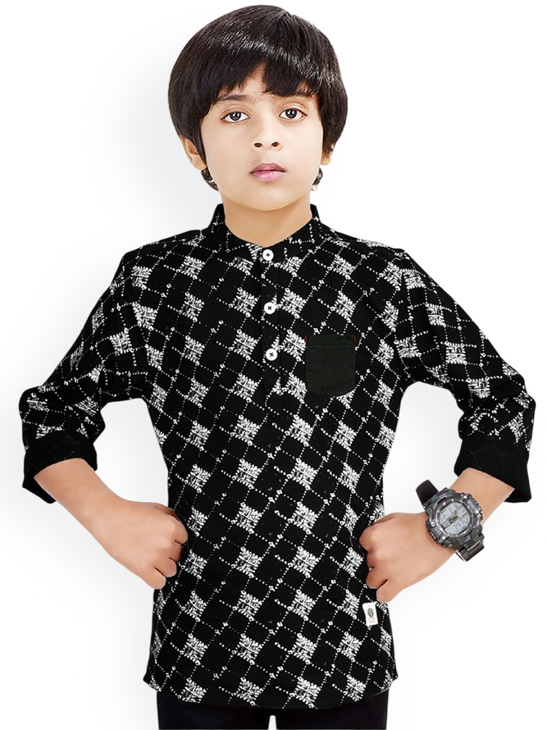 

MADE IN THE SHADE Boys Geometric Printed Band Collar Pure Cotton Kurta, Black