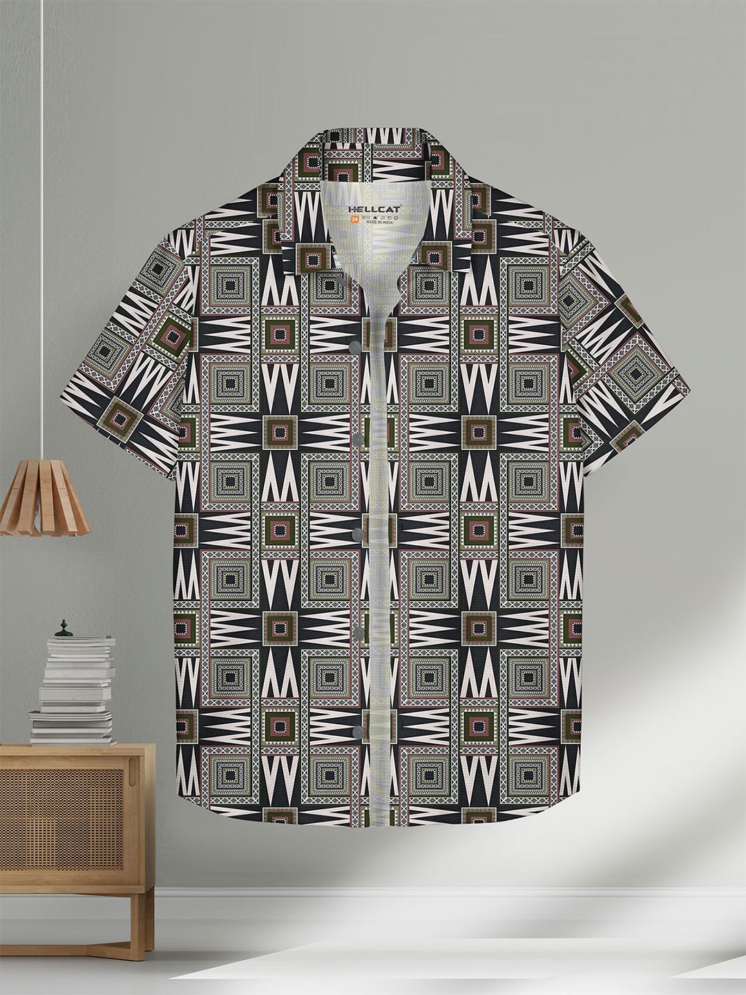 

HELLCAT Boys Spread Collar Geometric Printed Cotton Casual Shirt, Black
