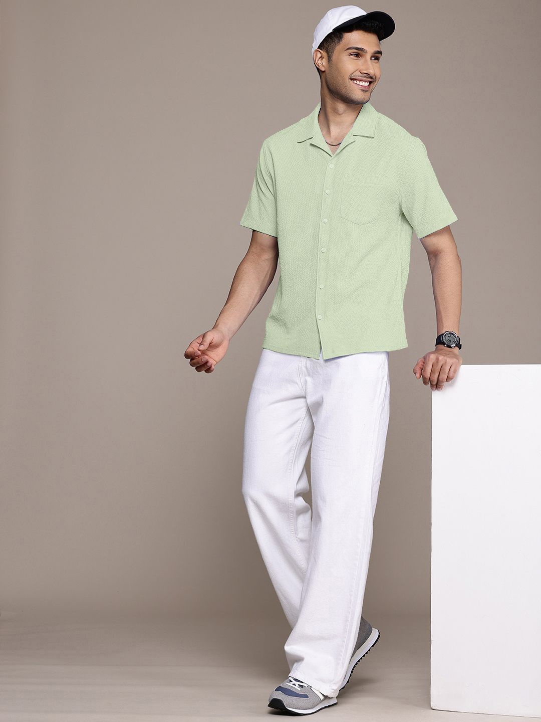 

Moda Rapido Men Standard Fit Cuban Collar Textured Casual Shirt, Green