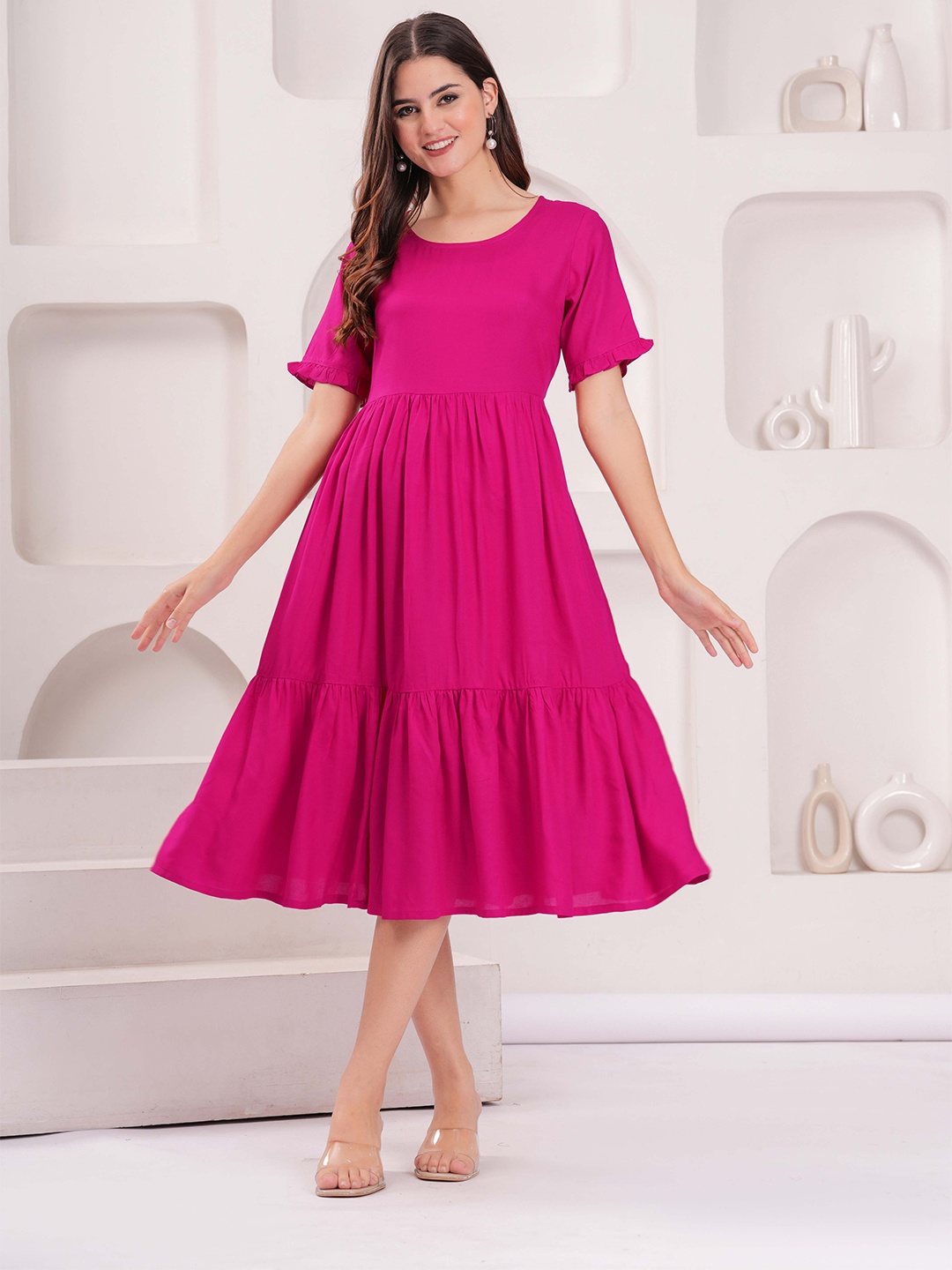 

TOP 30 Women Round Neck Fit & Flare Midi Dress, Pink