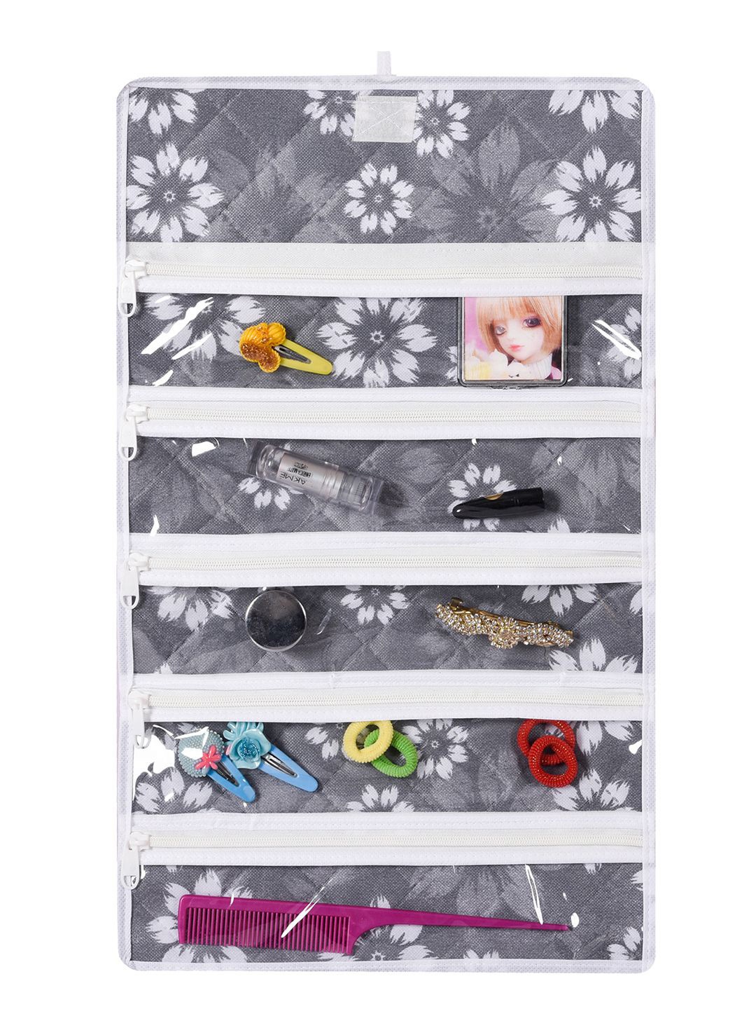 

Kuber Industries Grey & White Flower Quilted 5 Pocket Hanging Makeup Organizer