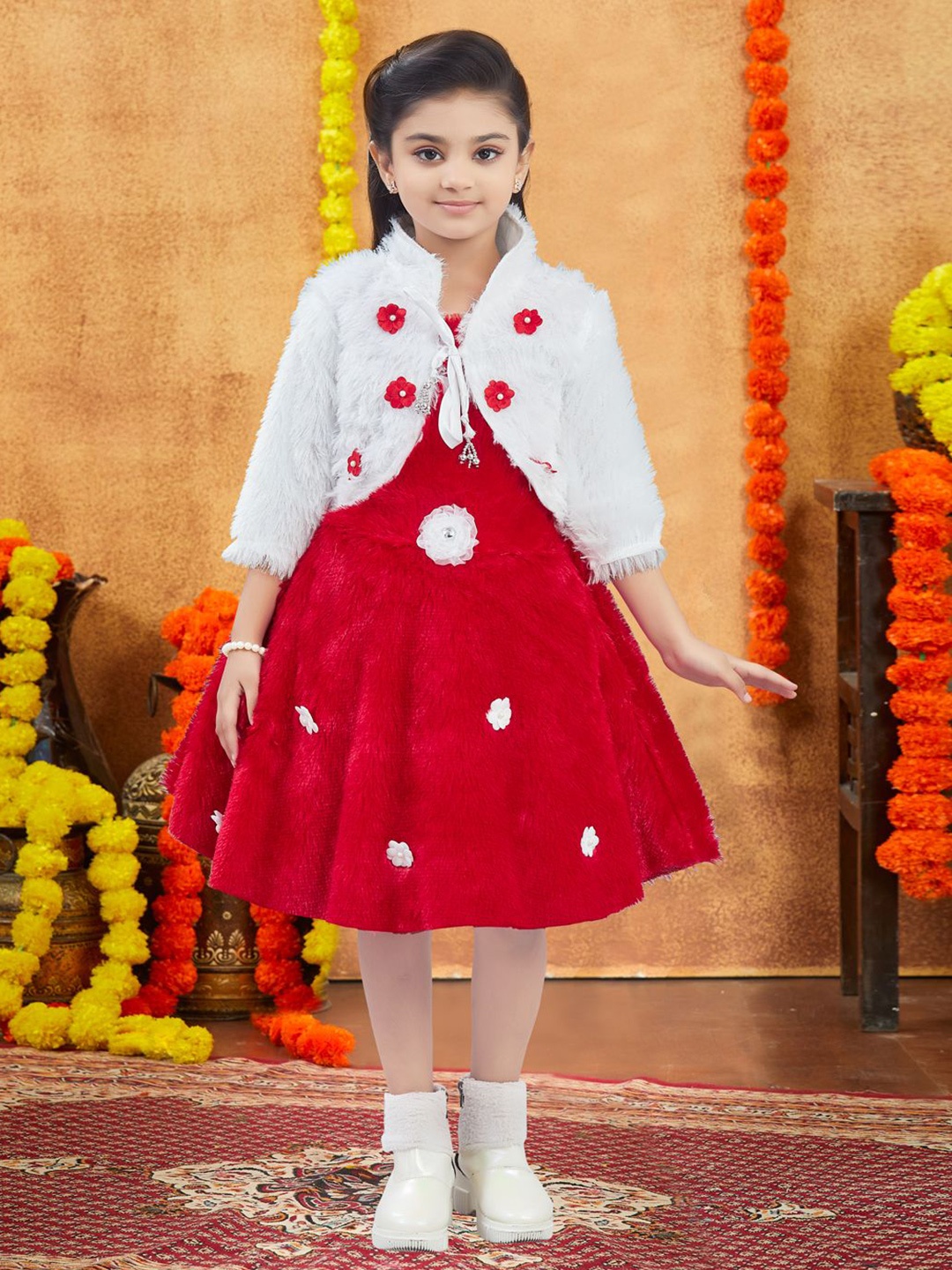 

Aarika Girls Woollen Floral Applique Detail Fit & Flare Dress, Red