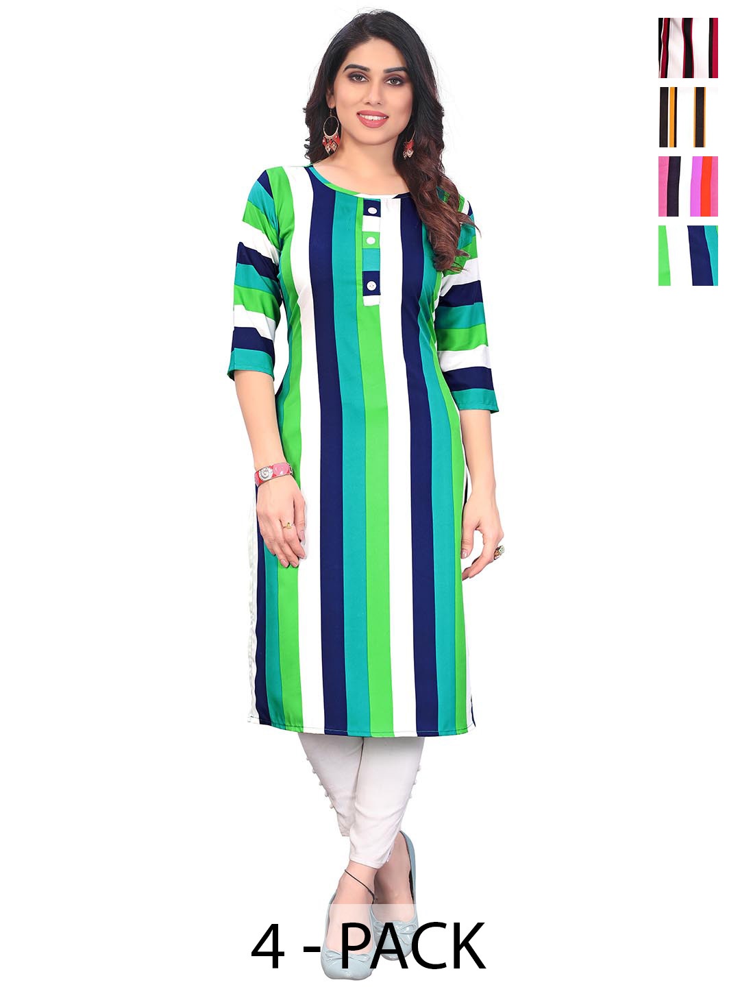 

KETAKI FASHION Selection Of 4 Striped Round Neck Straight Kurtas, Green