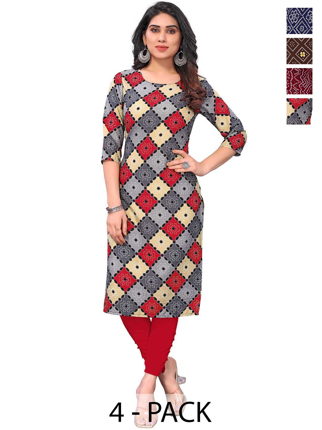 

KETAKI FASHION Selection Of 4 Floral Printed Round Neck Straight Kurtas, Grey