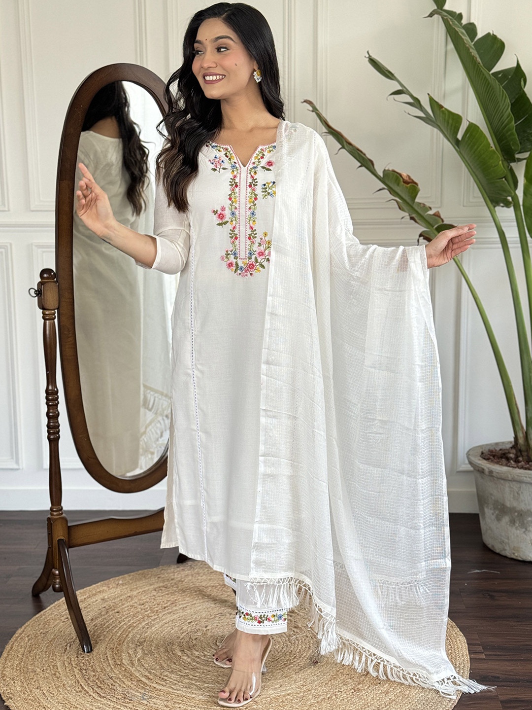 

KALINI Floral Embroidered Notch Neck Cotton Blend Straight Kurta With Trousers And Dupatta, White