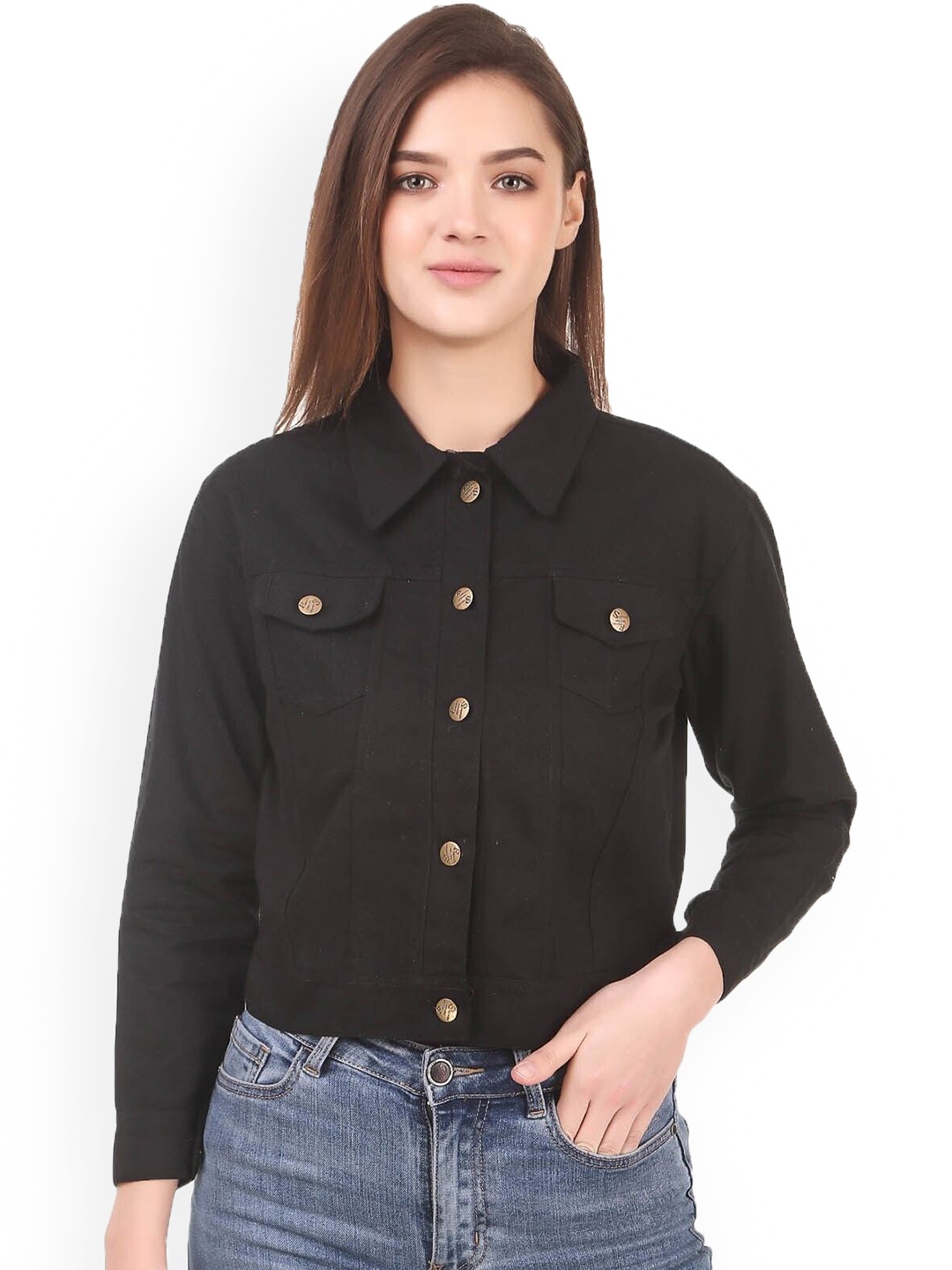

KASHIAN Women Spread Collar Solid Casual Denim Jacket, Black