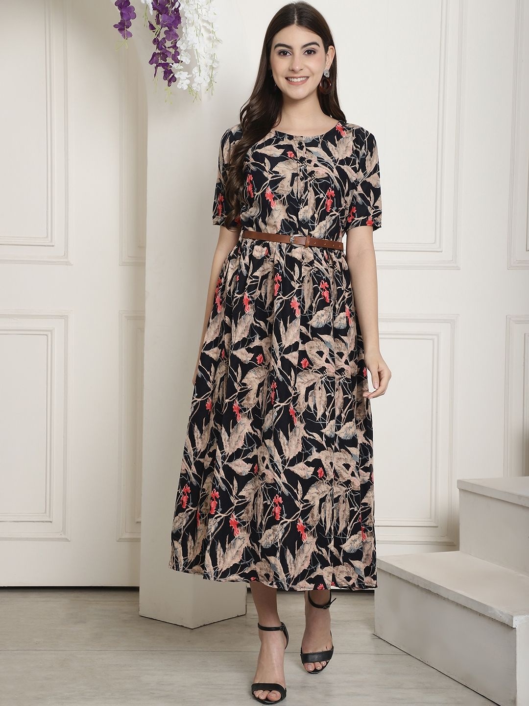 

Tromko Women Floral Printed Round Neck Fit & Flare Midi Dress, Beige