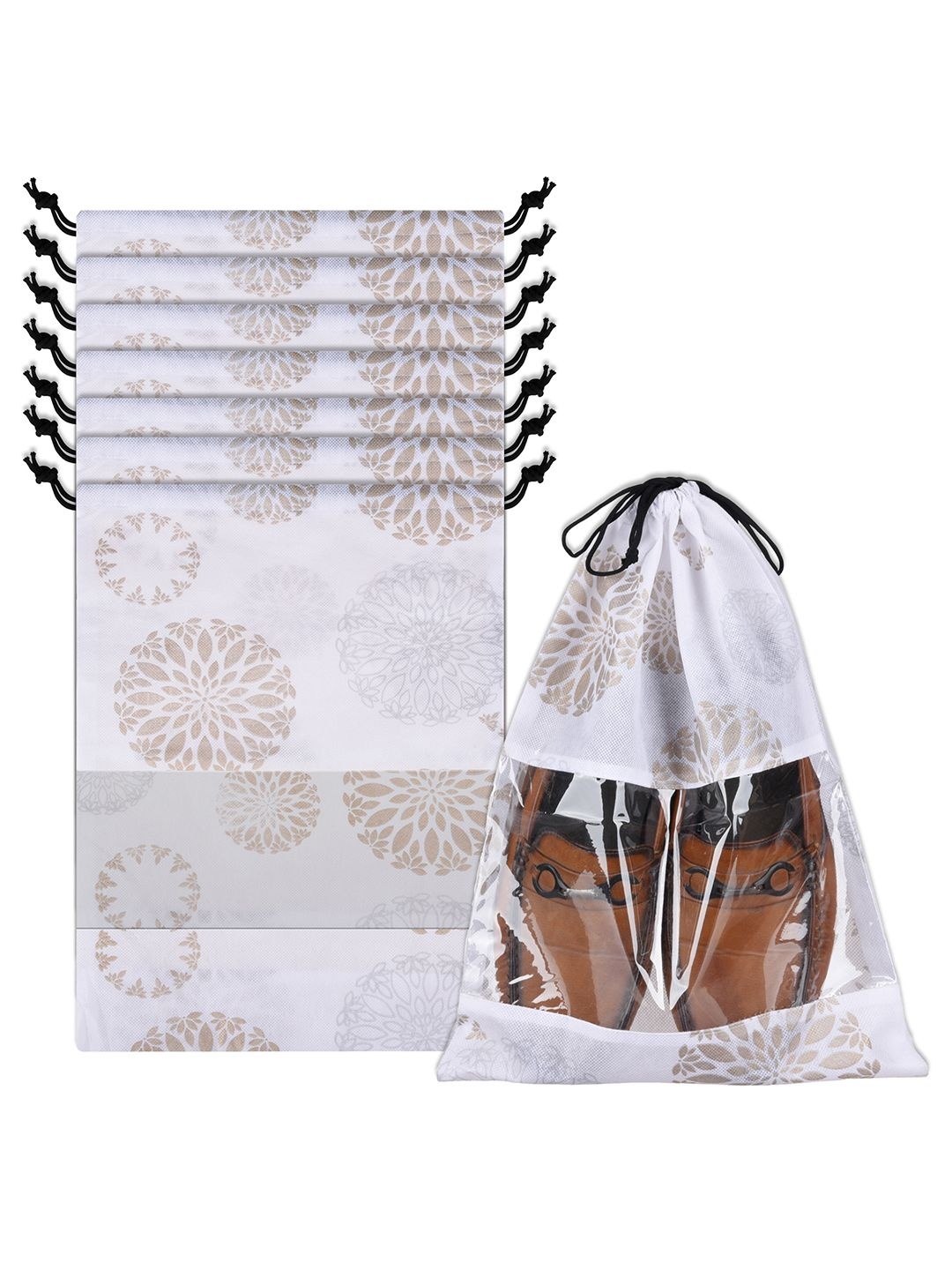 

Kuber Industries White Pack Of 8 Floral Printed Non-Woven Fabric Shoe Cover Bags