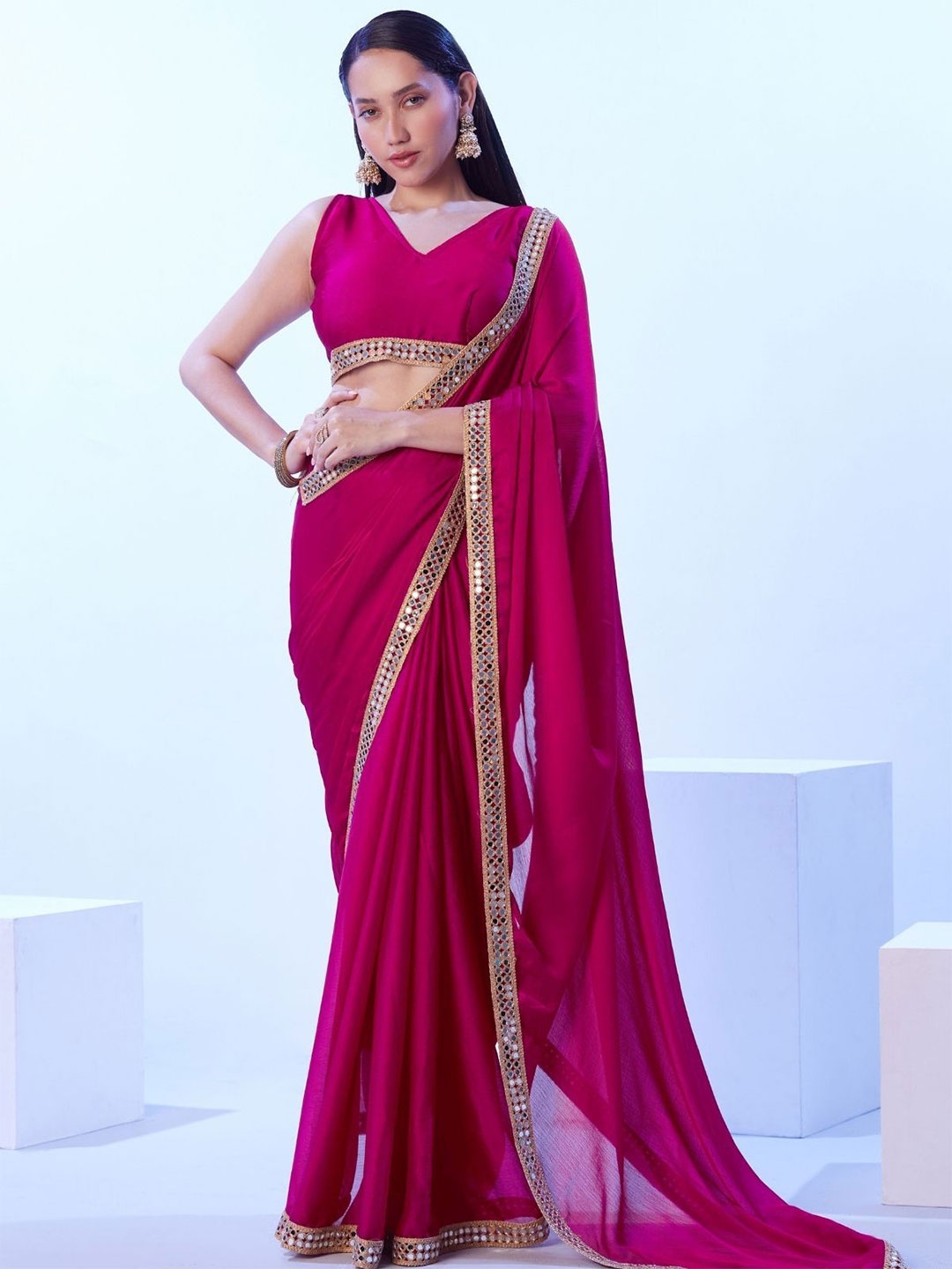 

ODETTE Pink Satin Lace Work Saree With Unstitched Blouse
