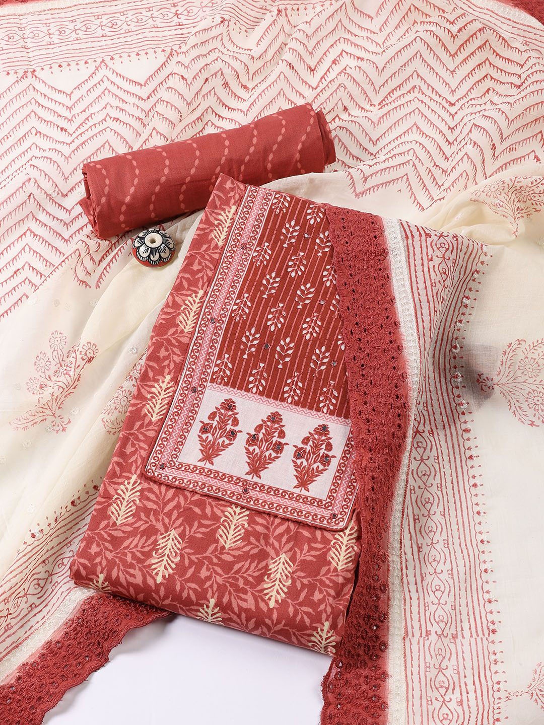 

Meena Bazaar Floral Printed Mirror Work Cotton Unstitched Dress Material, Rust