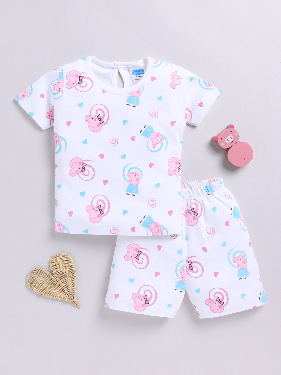 

YK X Tinyo Infant Girls Pure Cotton Peppa Pig Printed Top with Shorts, White