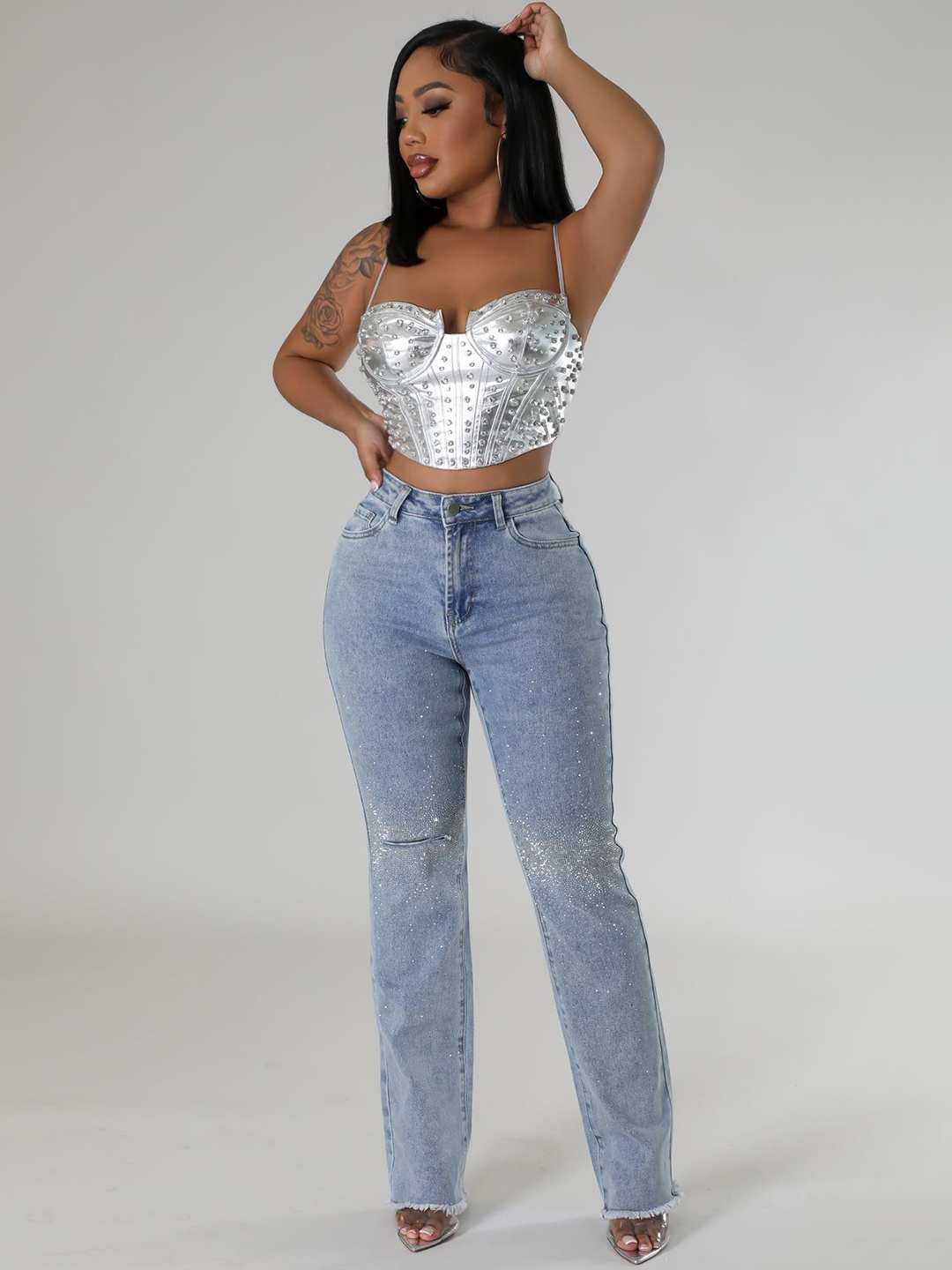 

Wear Your Words Women Embellished Wide Leg Fray Bottom Jeans, Blue