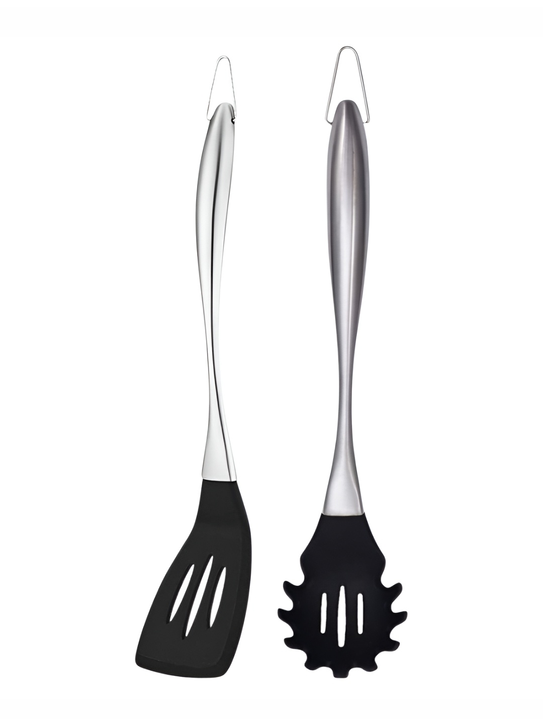 

Baskety Black And Silver-Toned Slotted Spatula With Pasta Server Spoon