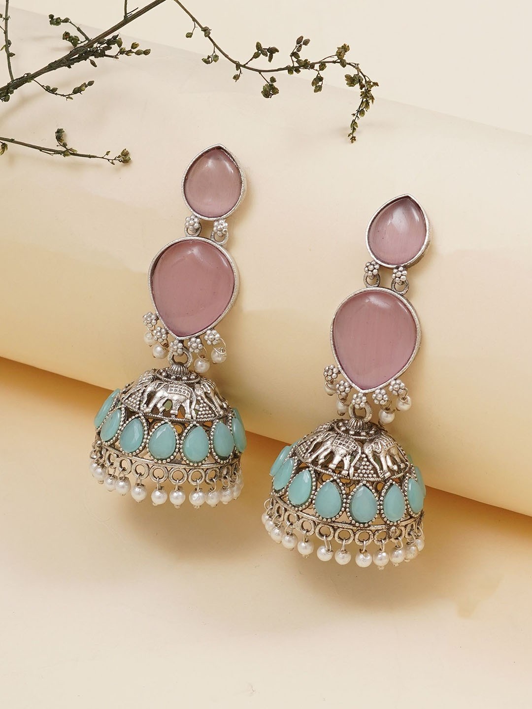 

JEWILLEY Silver-Plated Artificial Stone Studded Oxidised Dome Shaped Jhumkas