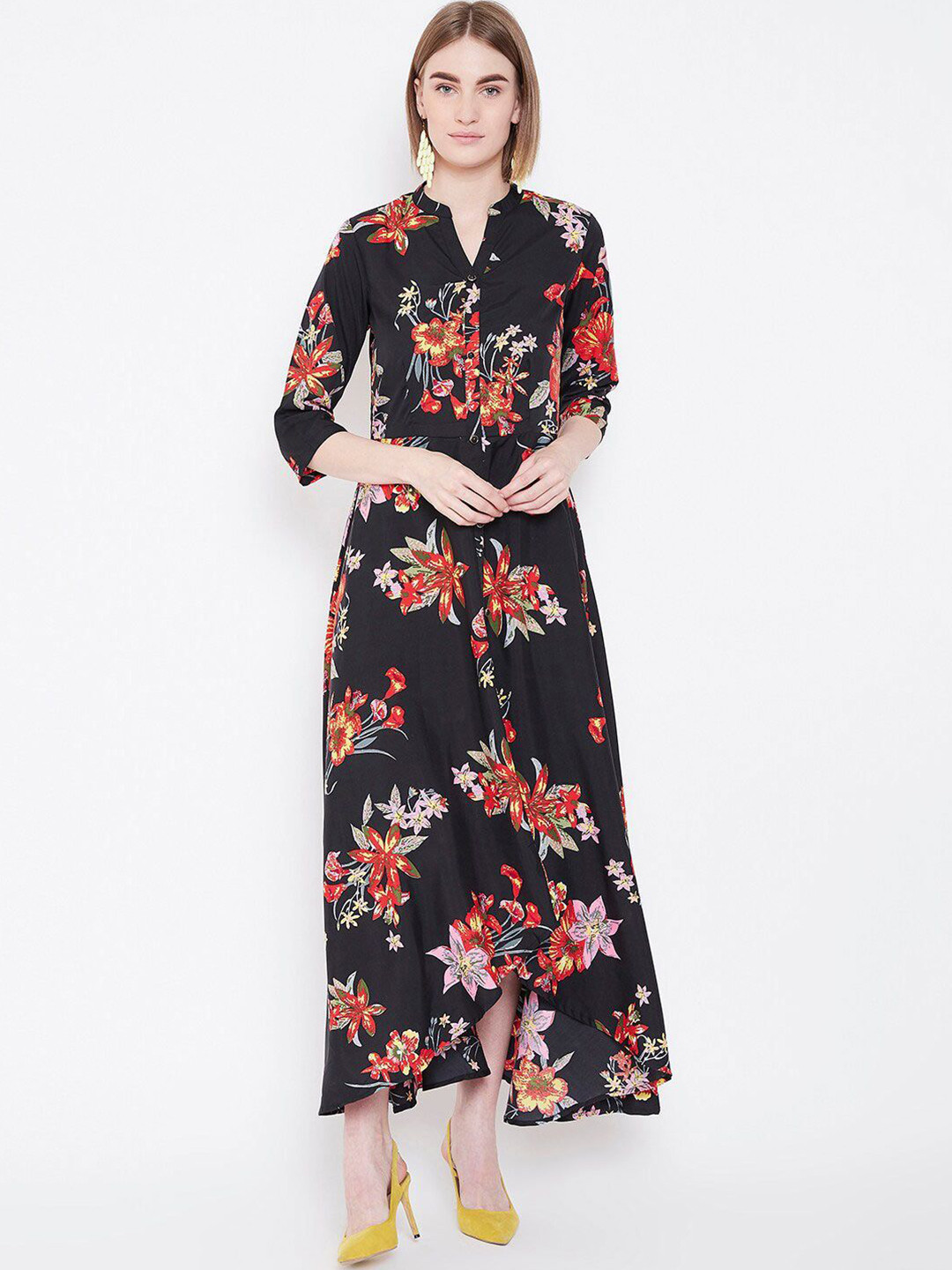 

DressBerry Floral Printed Crepe Fit & Flare Maxi Dress, Black