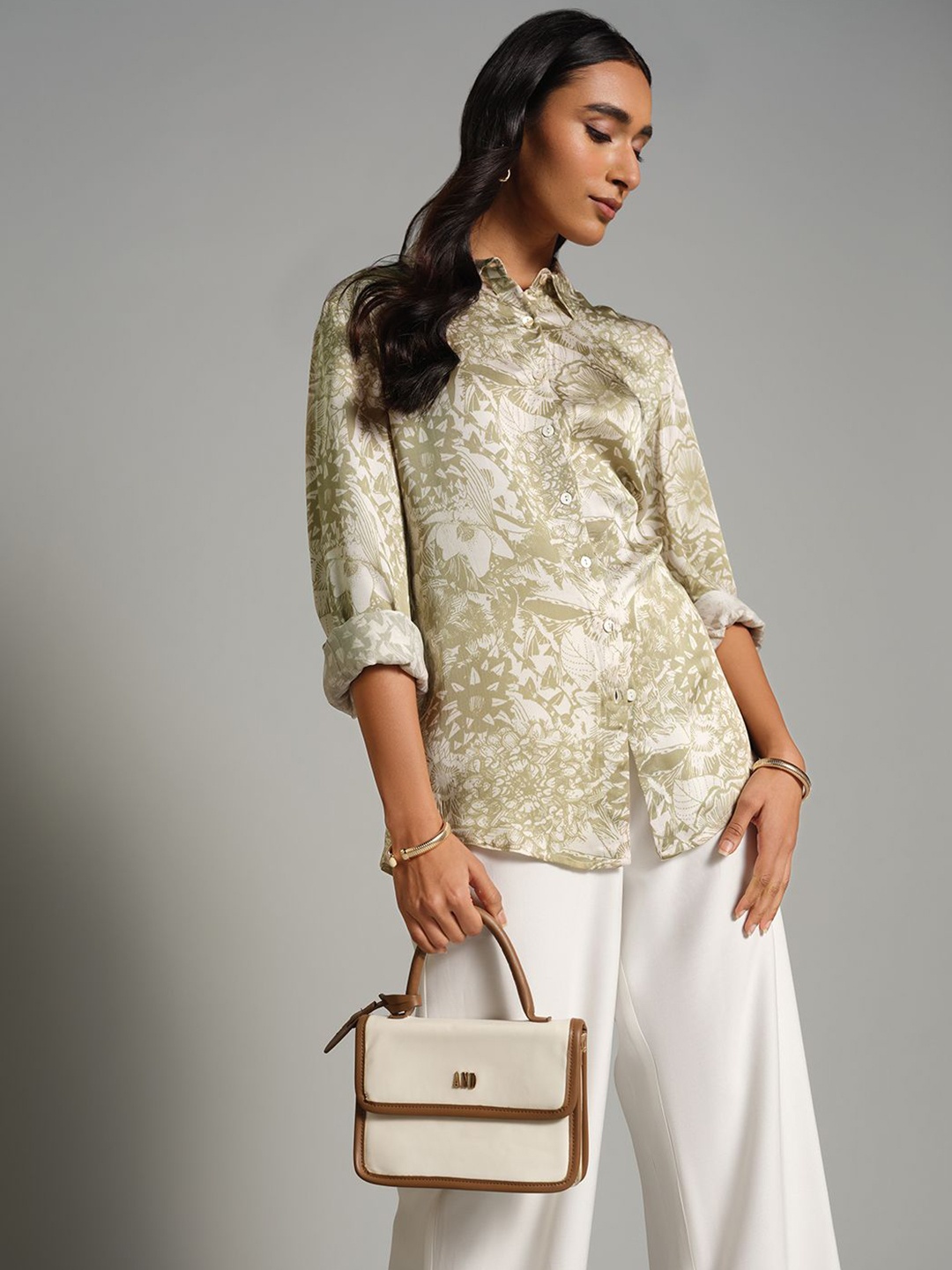 

AND Floral Print Roll-Up Sleeves Shirt Style Top, Green