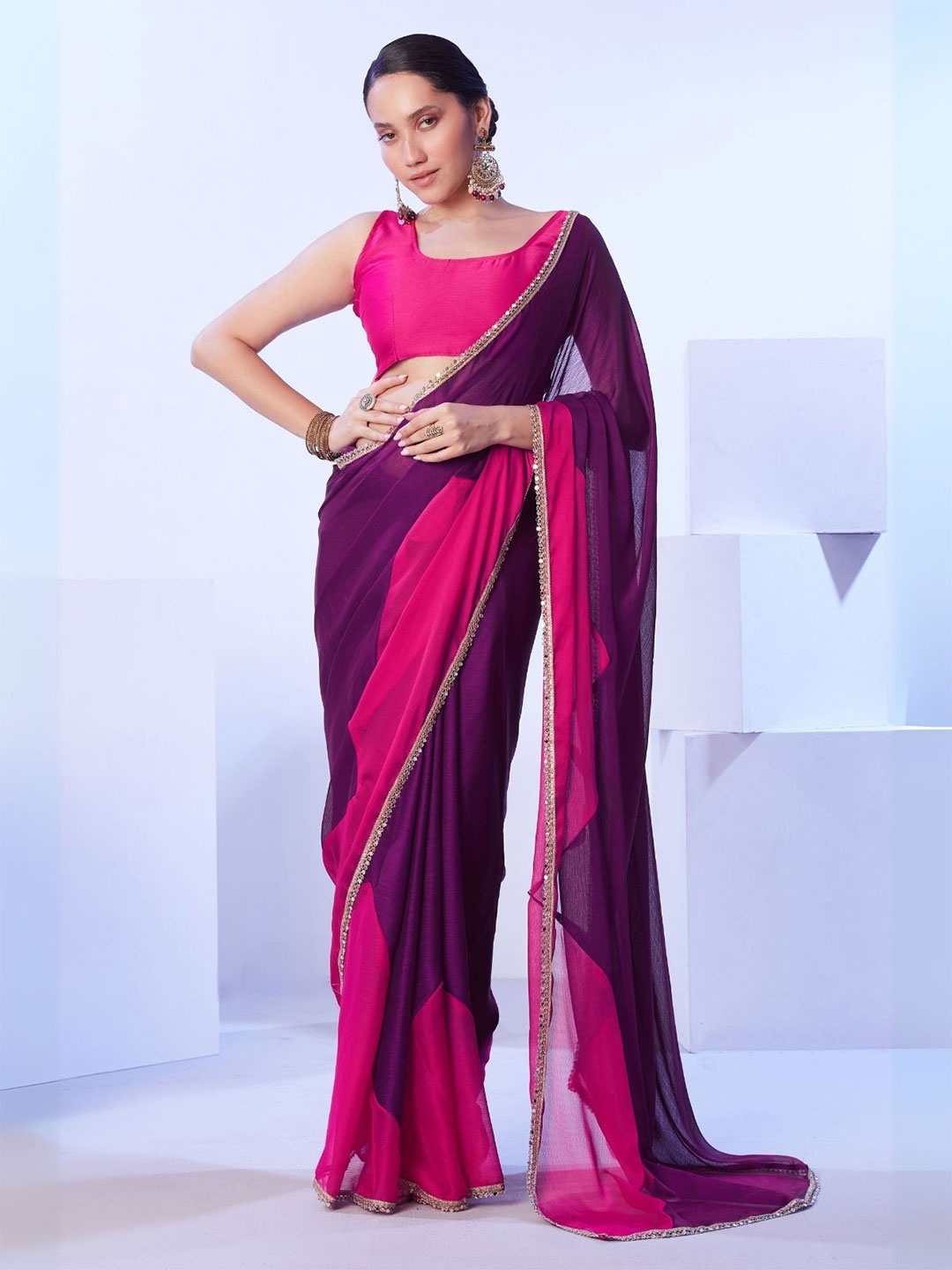 

Odette Voilet And Pink Satin Lace Work Saree With Unstitched Blouse For Women, Violet