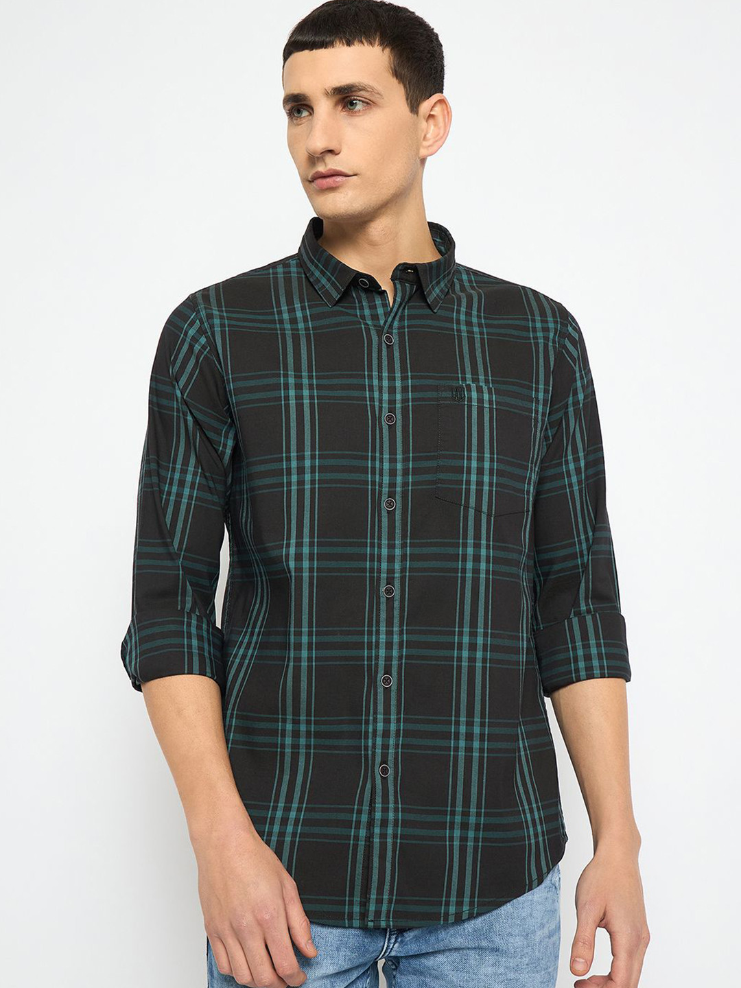 

Duke Men Spread Collar Tartan Checked Cotton Casual Shirt, Black