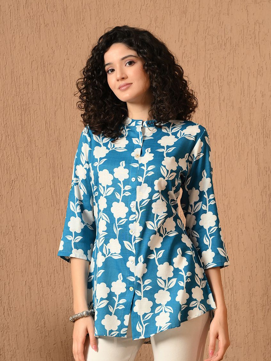 

MEESAN Mandarin Collar Printed Tunic, Blue