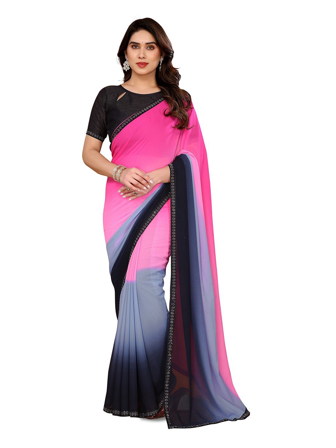 

Moda Rapido Ombre Poly Georgette Saree, Pink