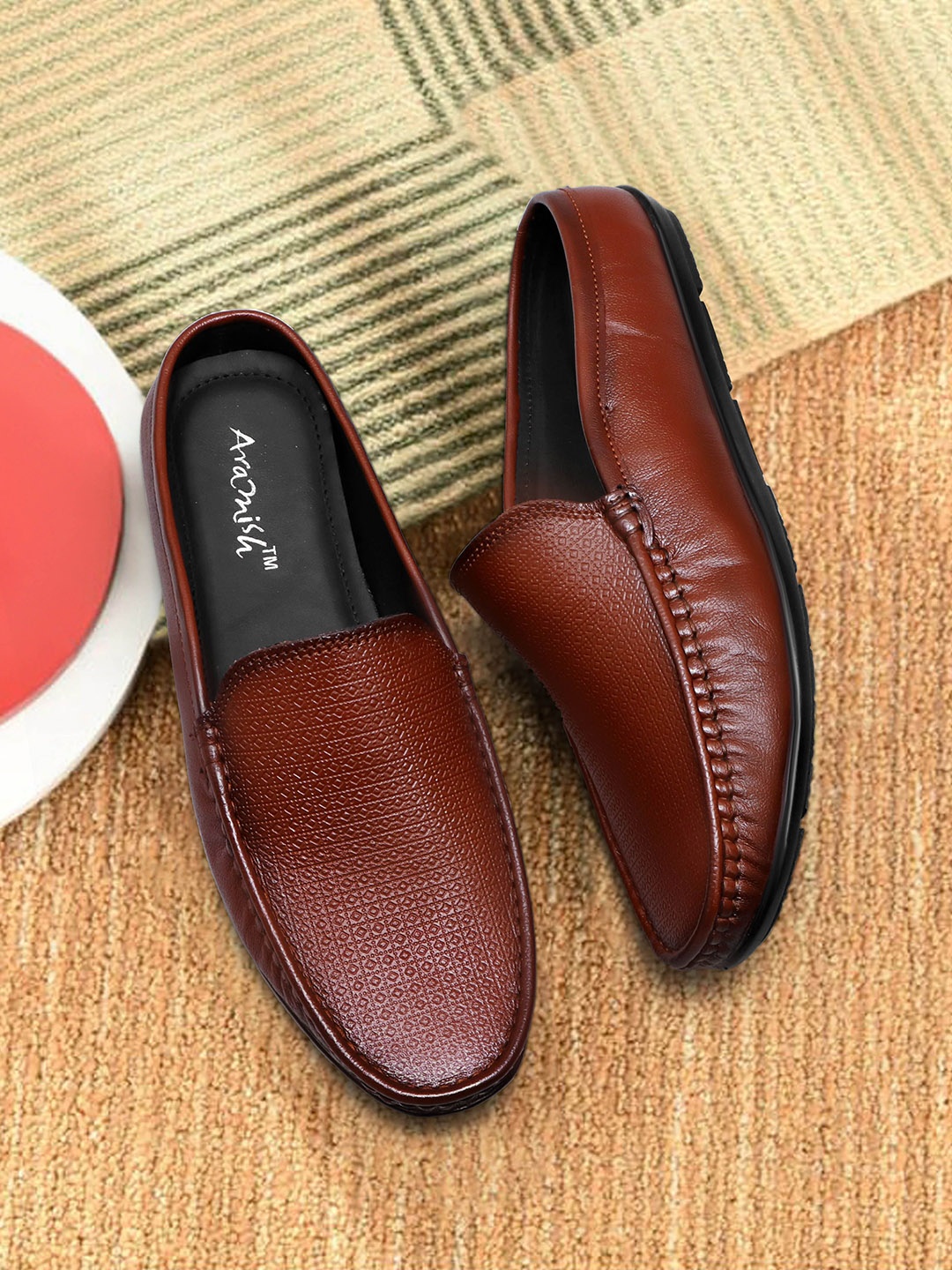 

ARAMISH Men Perforations Leather Loafers, Tan
