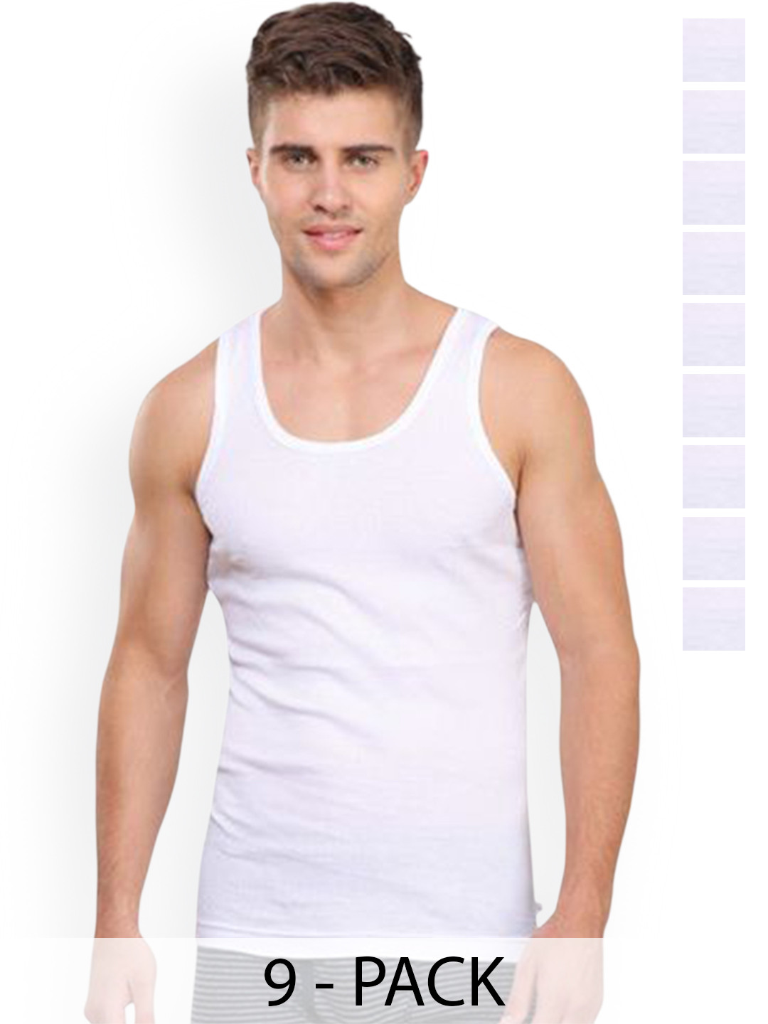 

Rupa Pack Of 9 Striped Pure Cotton Undershirt Vests Frontline-Rib-White-RN-9-80