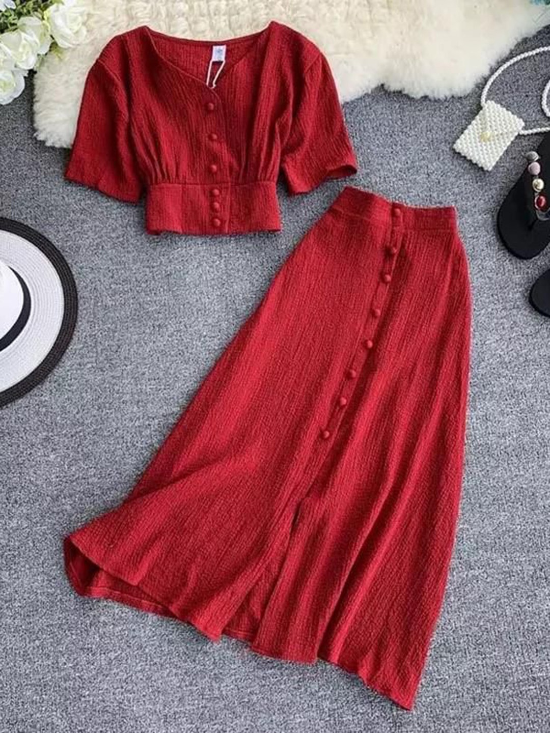 

Alamode By Akanksha Red Roger Buttoned Co-Ord Sets