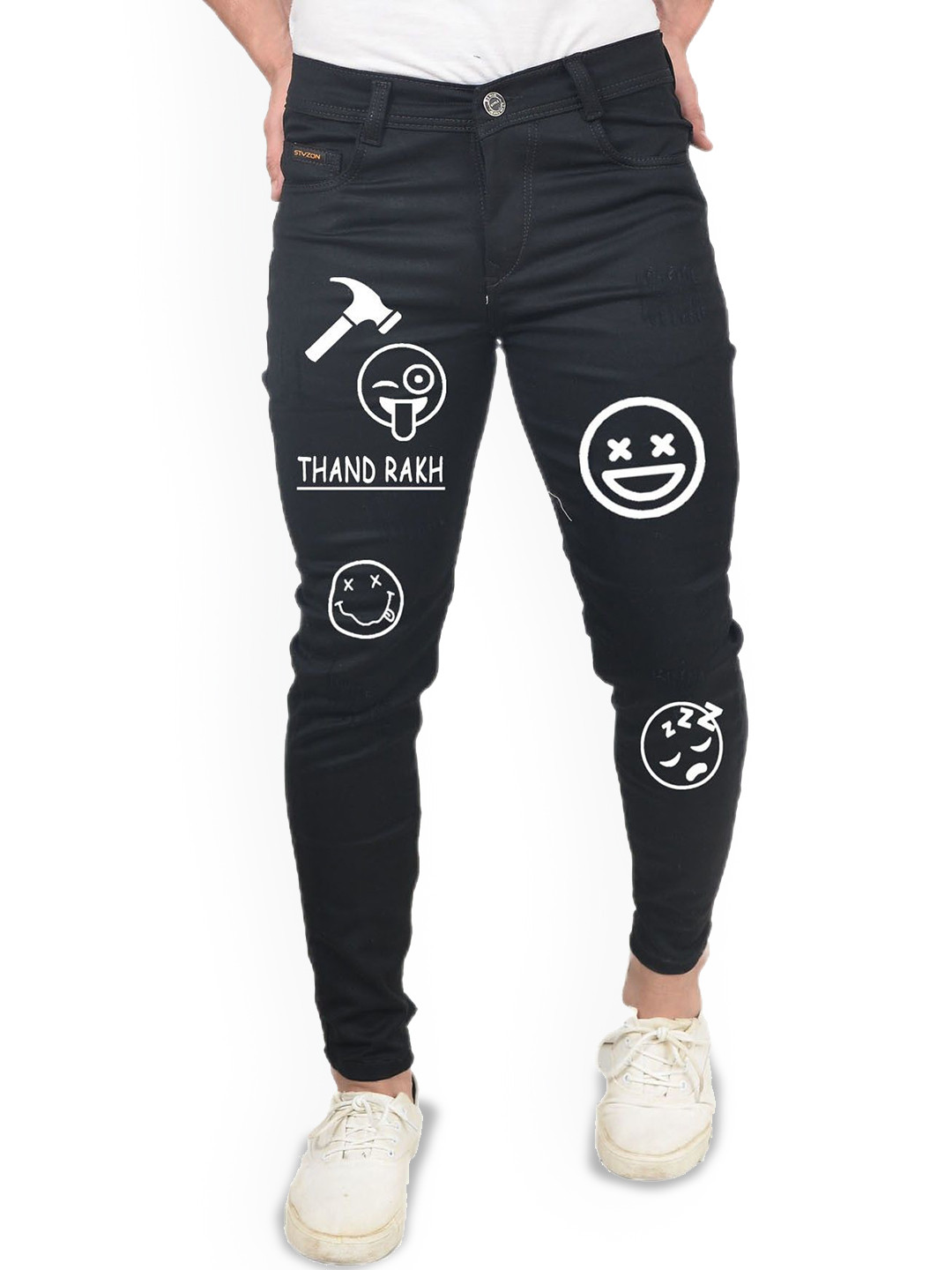 

styzon Men Cotton Slim Fit Printed Mid-Rise Jeans, Black