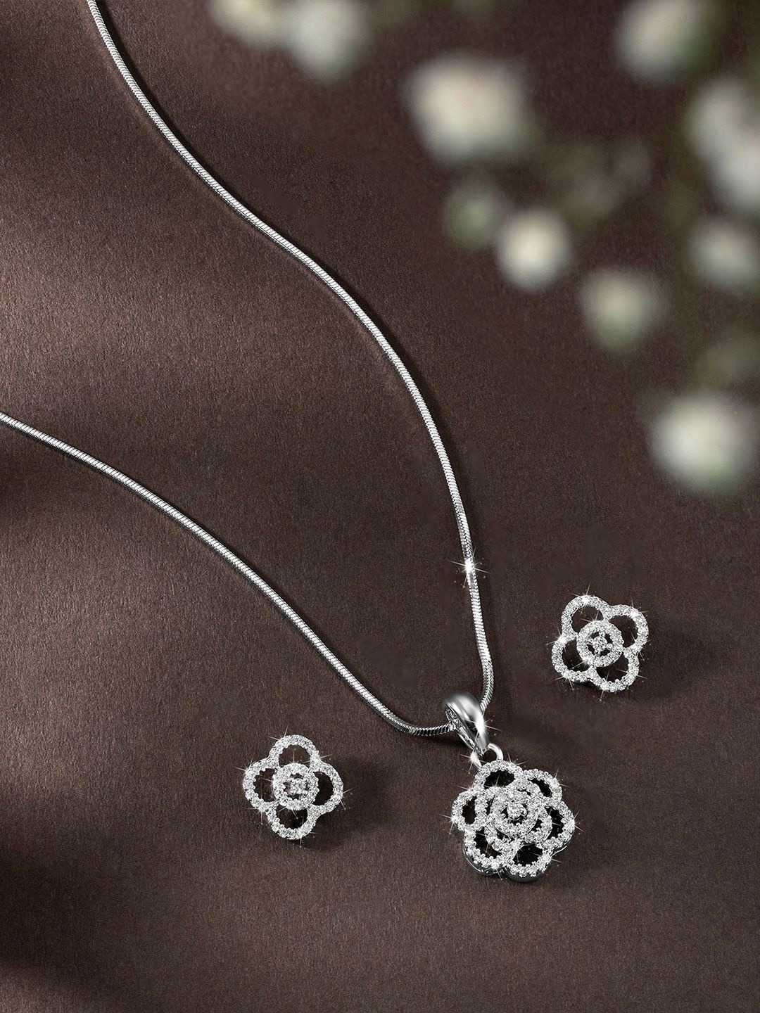 

Peora Silver-Plated Cubic Zirconia Studded Floral Shaped Jewellery Set With Red Rose Box