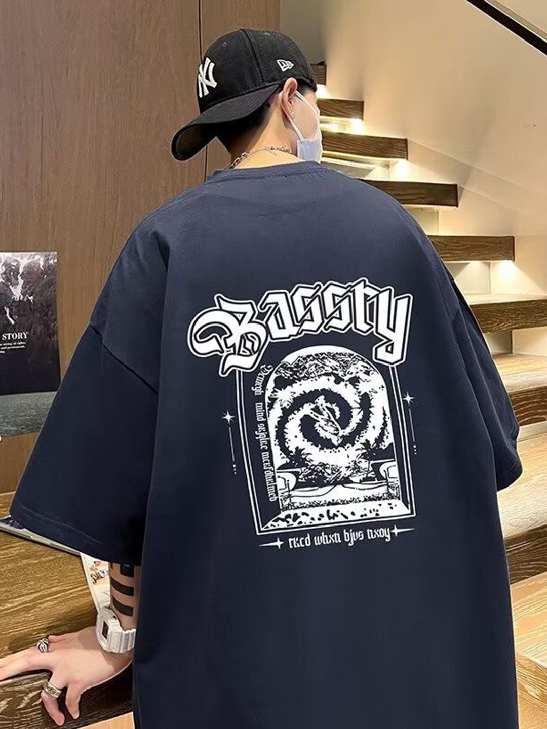 

HERE&NOW Men Graphic Printed Round Neck Cotton Oversized T-shirt, Navy blue