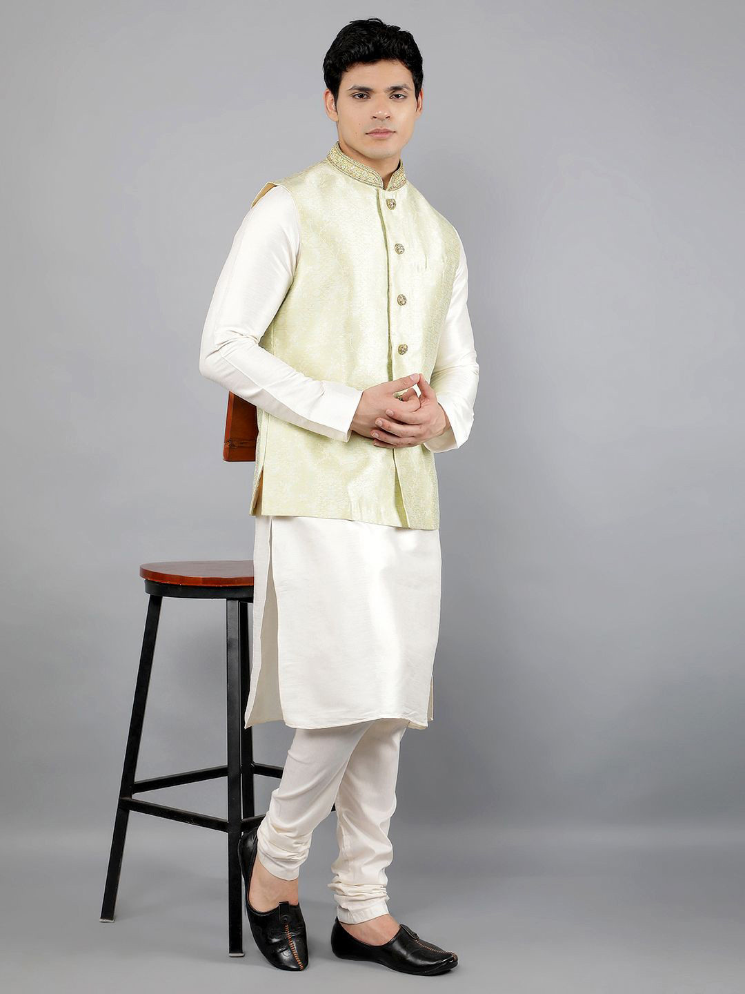 

Manish Creations Woven Design Mandarin Collar Straight Kurta with Churidar & Nehru jacket, Cream