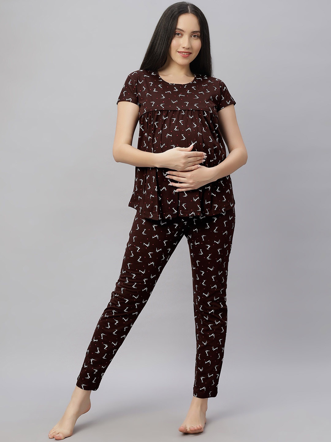 

DZZO Women Printed Night suit, Coffee brown