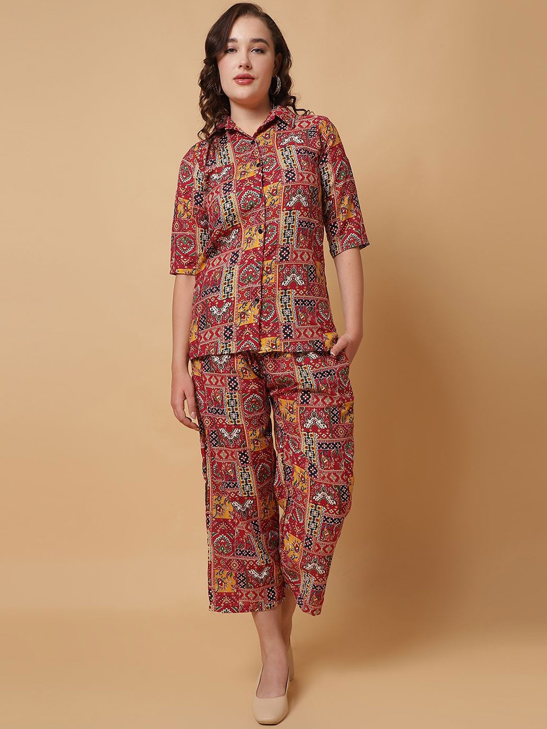 

ROSEMELON Ethnic Motifs Printed Shirt Collar Shirt With Trouser, Red