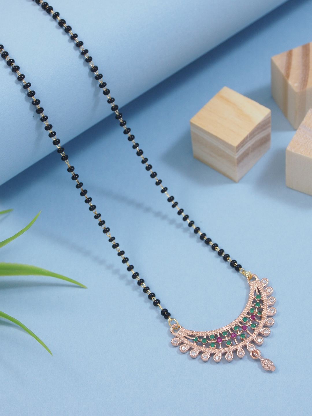 

I Jewels Rose Gold-Plated Stone-Studded & Beaded Mangalsutra