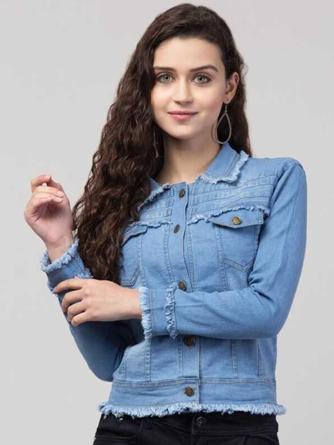 

KASHIAN Women Spread Collar Solid Casual Denim Jacket, Blue