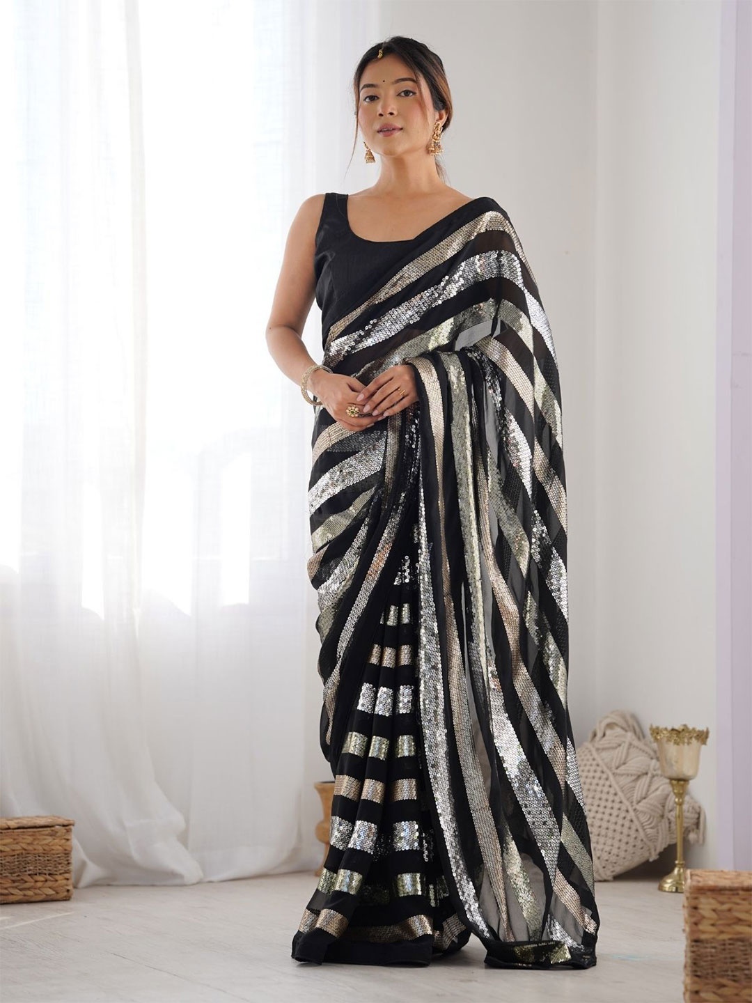 

ODETTE Black Georgette Sequins Saree With Unstitched Blouse For Women