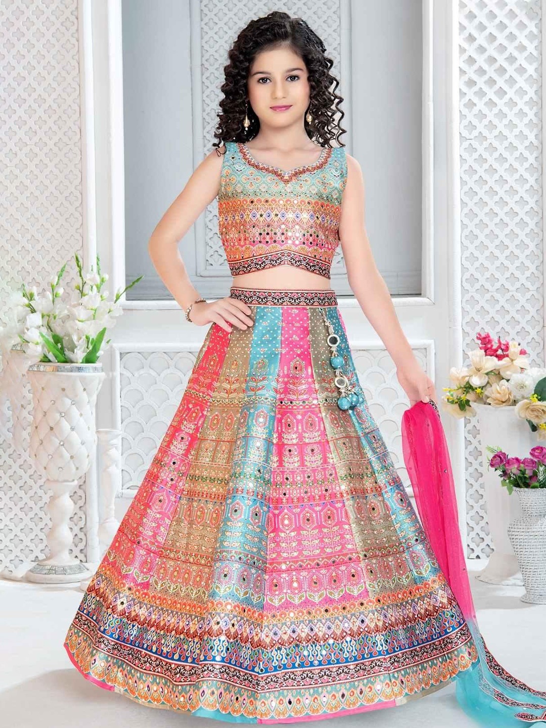 

BAESD Girls Printed Tie and Dye Ready to Wear Lehenga & Blouse With Dupatta, Blue