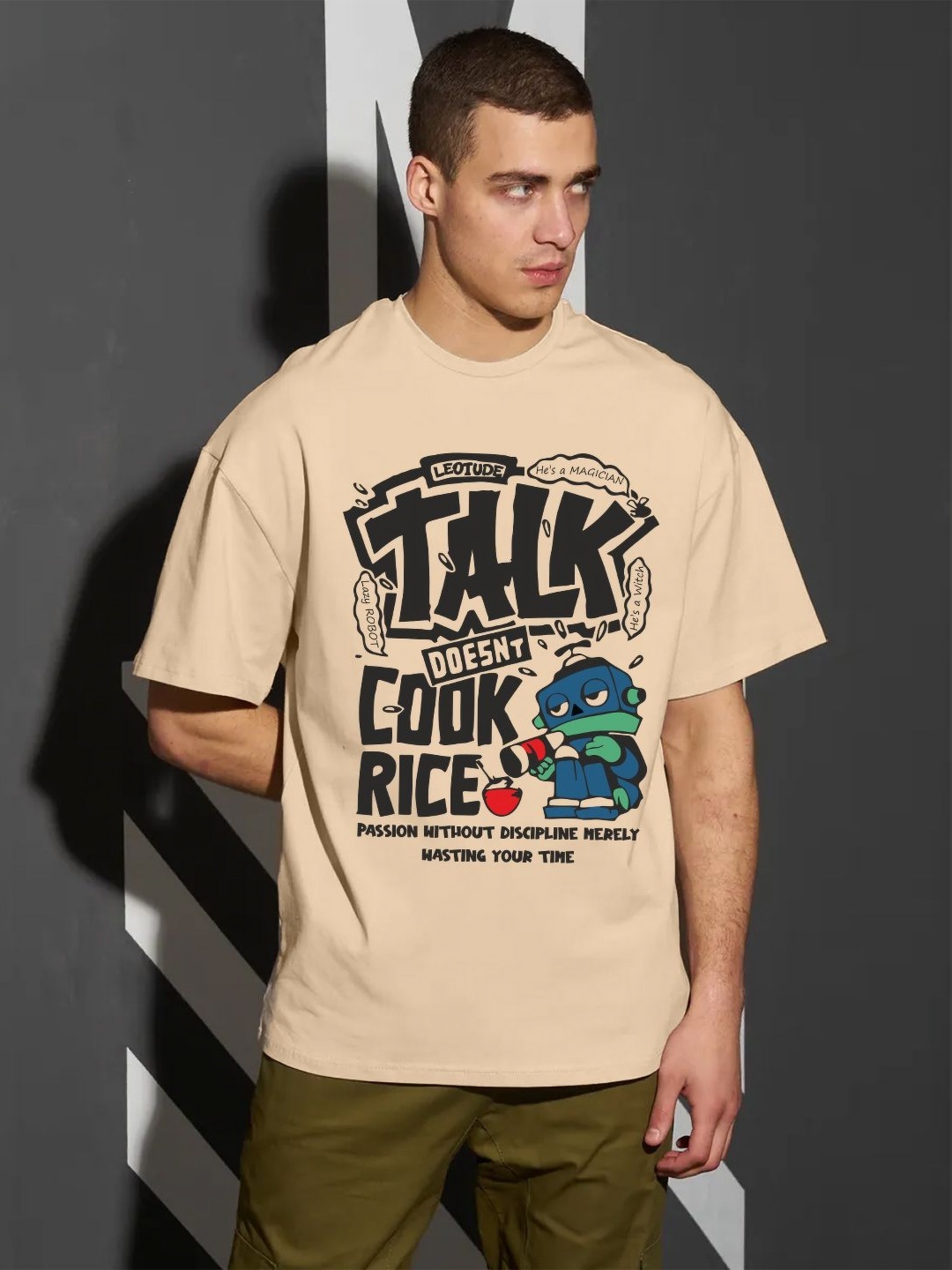 

Leotude Men Typography Printed Round Neck Cotton Oversized T-shirt, Beige