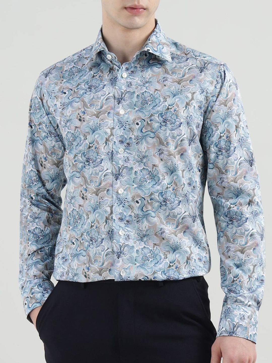 

Eton Men Spread Collar Floral Printed Cotton Formal Shirt, Blue