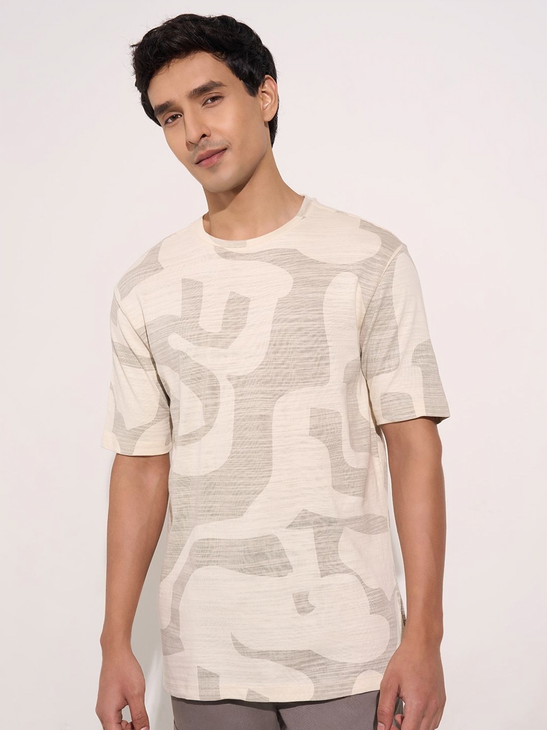 

7 Alt by Pantaloons Men Abstract Printed Round Neck Cotton T-shirt, Beige