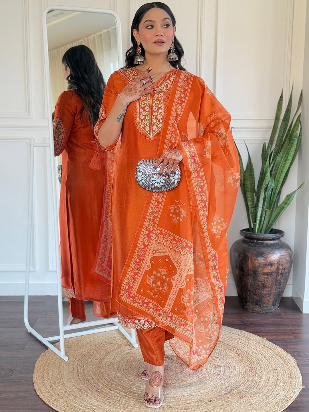 

KALINI Floral Embroidered Chanderi Silk V-Neck Straight Kurta With Trousers And Dupatta, Orange