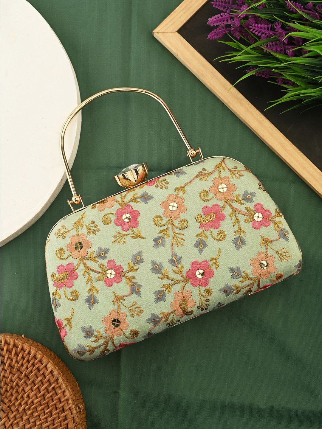 

gaura pakhi Embroidered Sequinned Box Clutch, Green