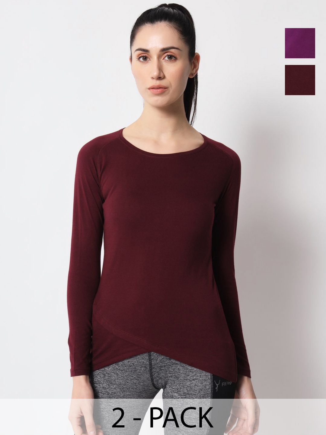 

appulse Women Pack Of 2 Solid Round Neck Cotton Slim Fit T-shirts, Maroon