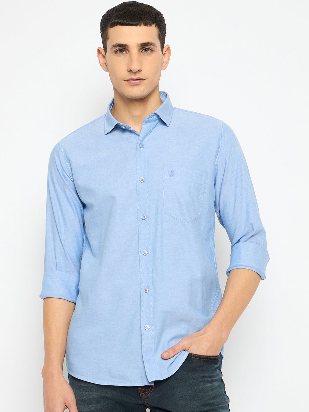 

Duke Men Spread Collar Solid Cotton Casual Shirt, Blue
