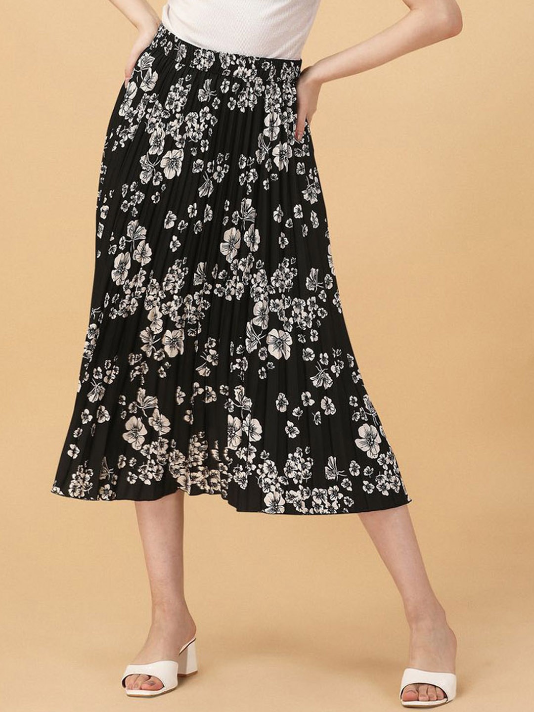 

ZWERLON Floral Printed Pleated A-Line Midi Skirt, Black