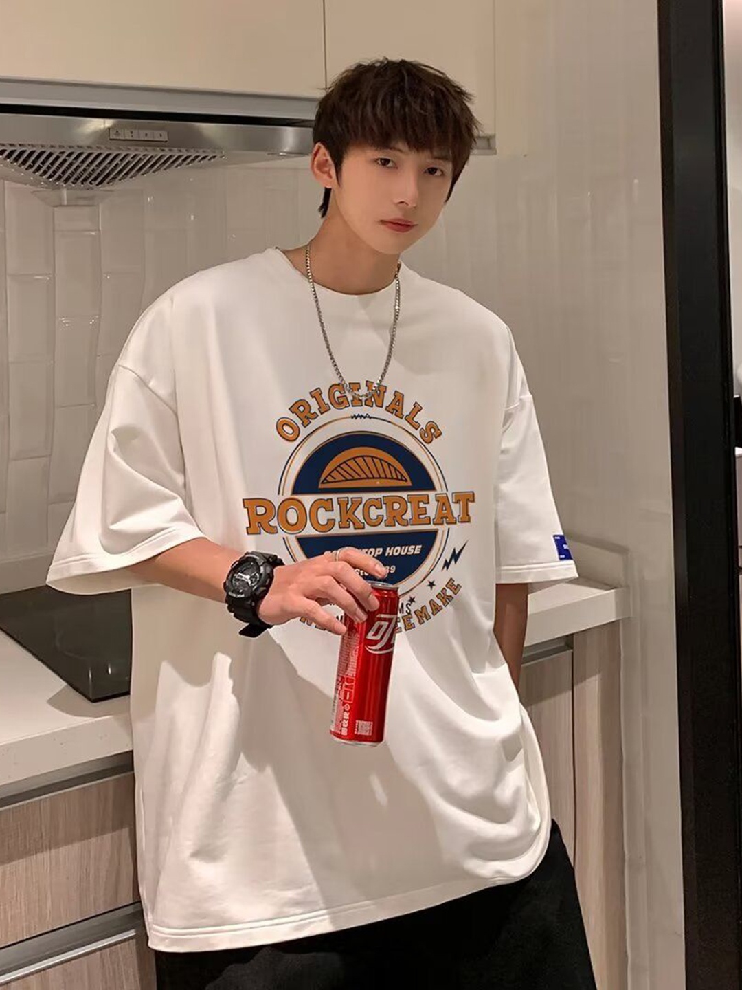 

HERE&NOW Men Typography Printed Round Neck Cotton Oversized T-shirt, White