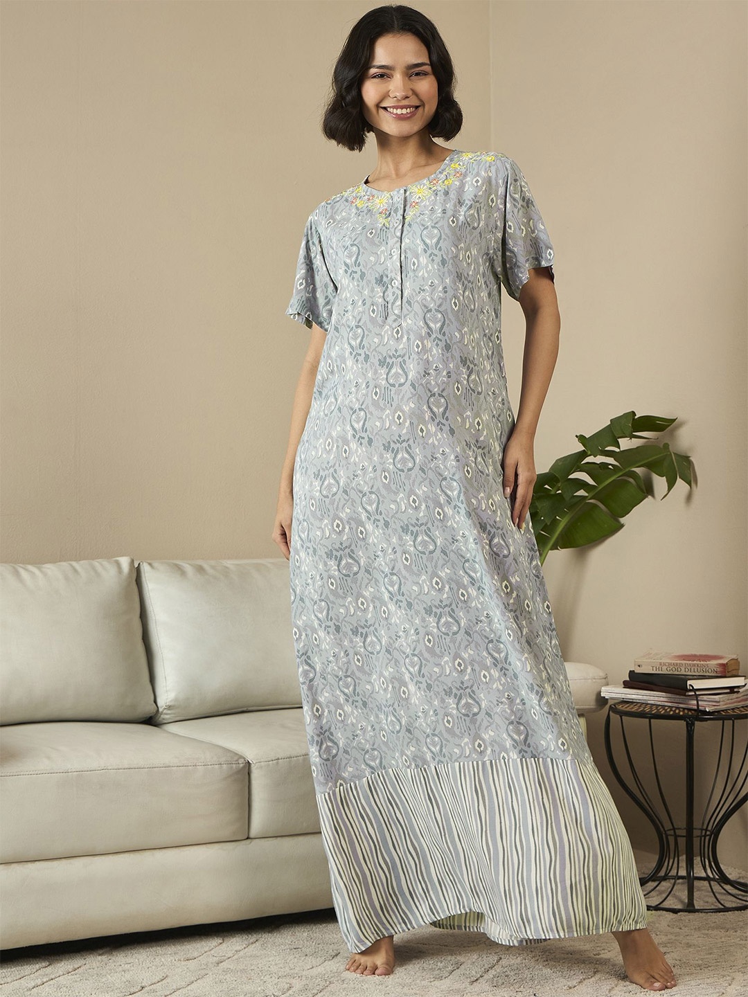 

July Ethnic Motifs Maxi Nightdress, Grey