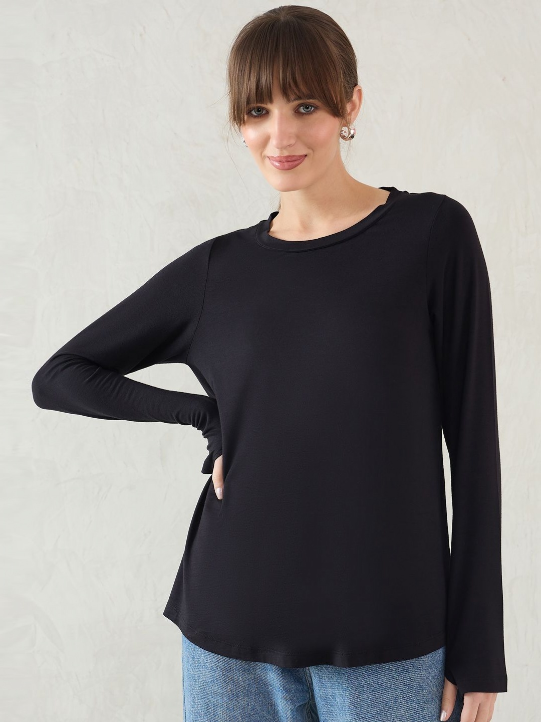 

Femella Women Solid Round Neck Bamboo T-shirt, Black